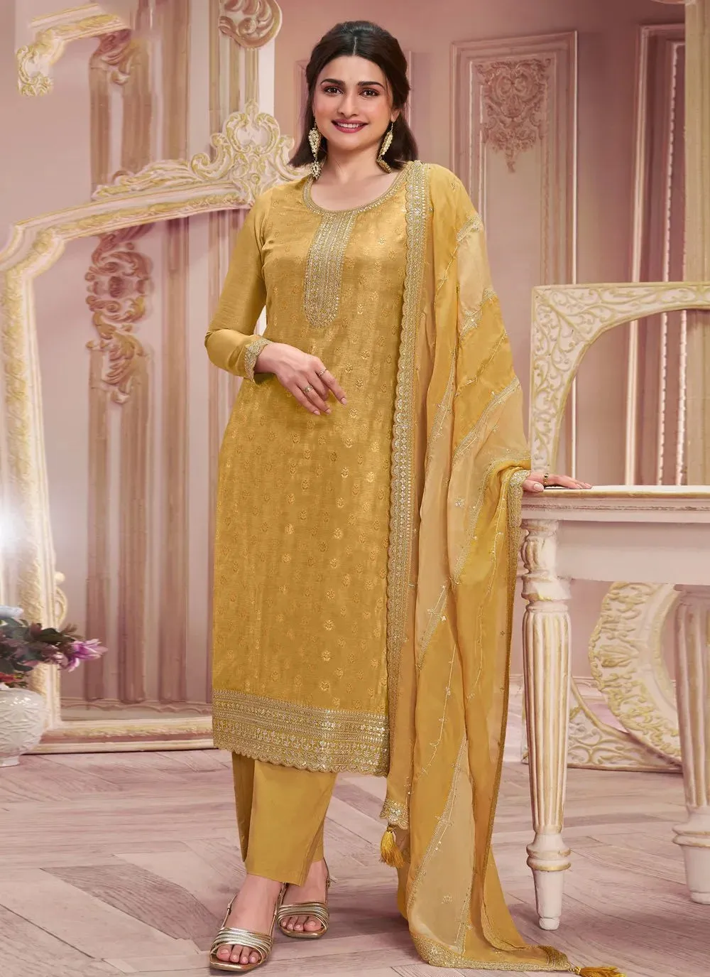 Yellow Dola Jacquard Sequins Embroidered Straight Suit