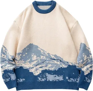 Yimoon Men Sweaters Oversized Graphic Casual Cable Knitted Jumper Pullover Cute Unisex Crewneck Retro Couple Tops