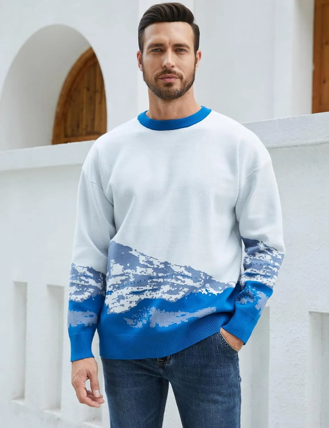 Yimoon Men Sweaters Oversized Graphic Casual Cable Knitted Jumper Pullover Cute Unisex Crewneck Retro Couple Tops
