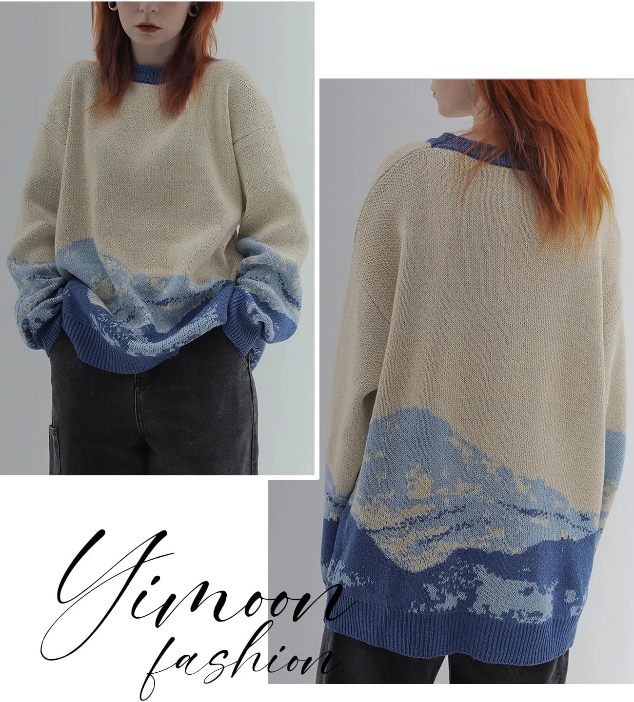 Yimoon Men Sweaters Oversized Graphic Casual Cable Knitted Jumper Pullover Cute Unisex Crewneck Retro Couple Tops