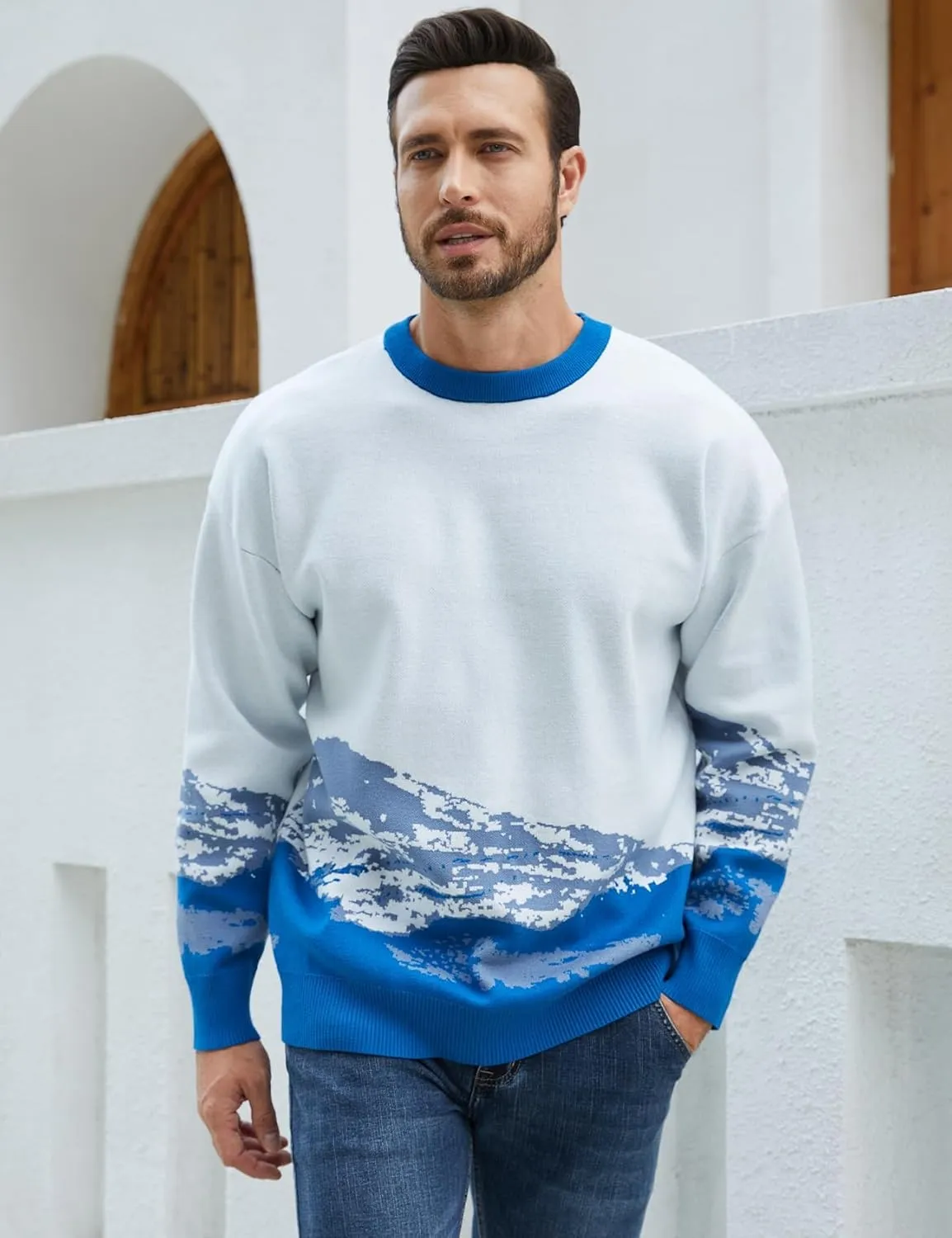 Yimoon Men Sweaters Oversized Graphic Casual Cable Knitted Jumper Pullover Cute Unisex Crewneck Retro Couple Tops