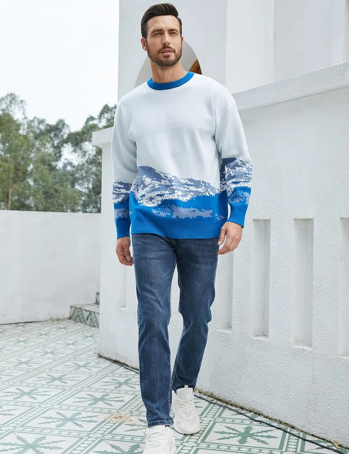 Yimoon Men Sweaters Oversized Graphic Casual Cable Knitted Jumper Pullover Cute Unisex Crewneck Retro Couple Tops