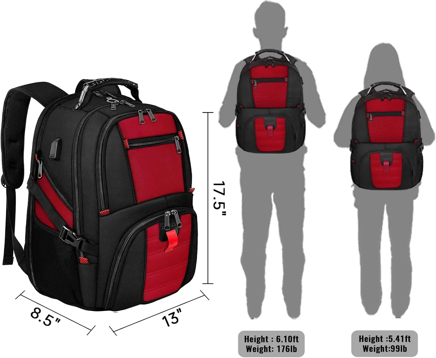 YOREPEK Travel Backpack, Extra Large 50L Laptop Backpacks for Men Women, Water Resistant College Backpack Airline Approved Business Work Bag with USB Charging Port Fits 17 Inch Computer, Bright Red