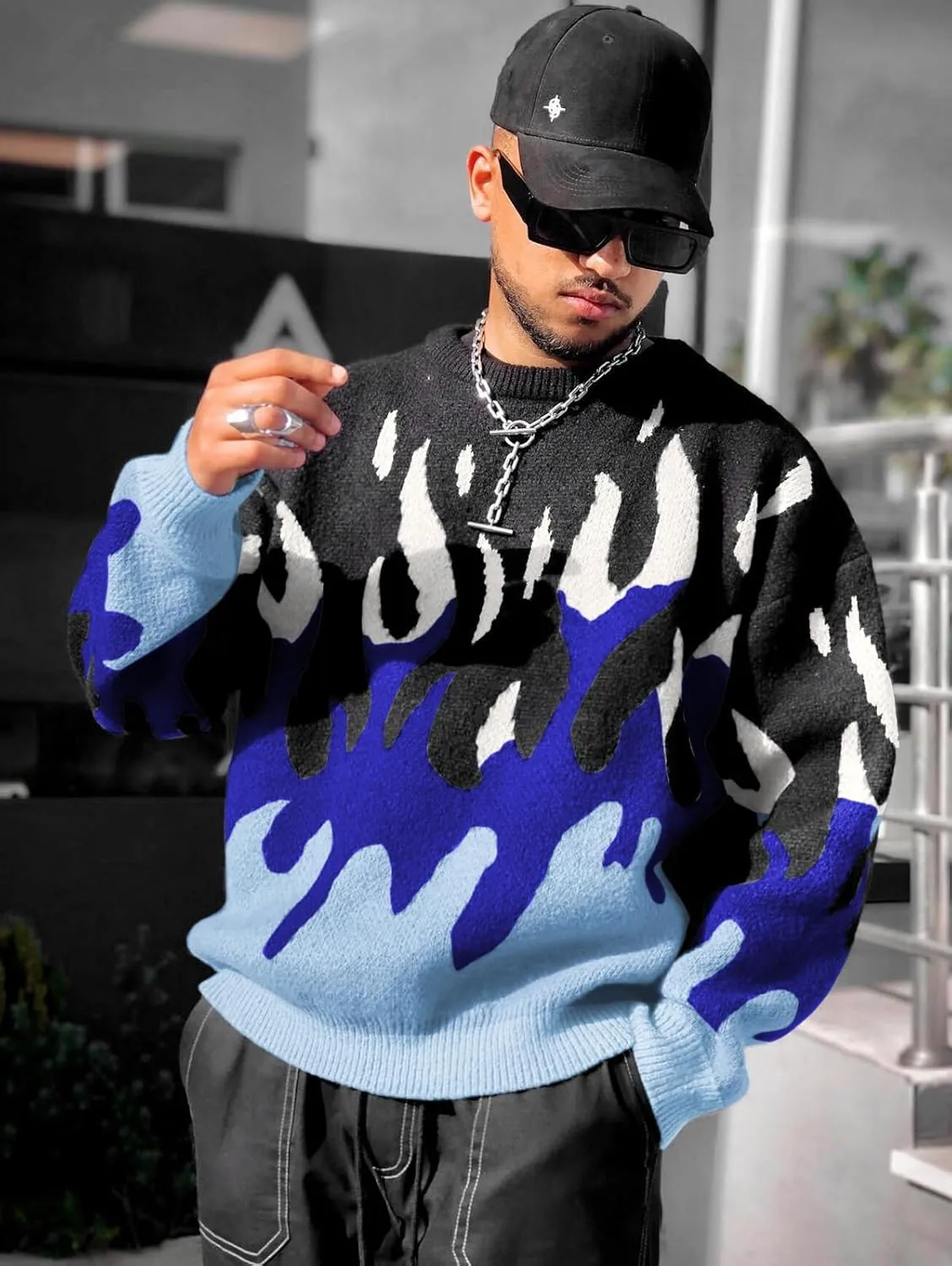 ZAFUL Men's Oversized Sweater Y2K Aesthetic Flame Graphic Crewneck Knit Pullover Unisex Casual Sweaters