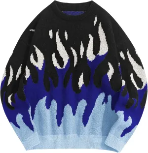 ZAFUL Men's Oversized Sweater Y2K Aesthetic Flame Graphic Crewneck Knit Pullover Unisex Casual Sweaters