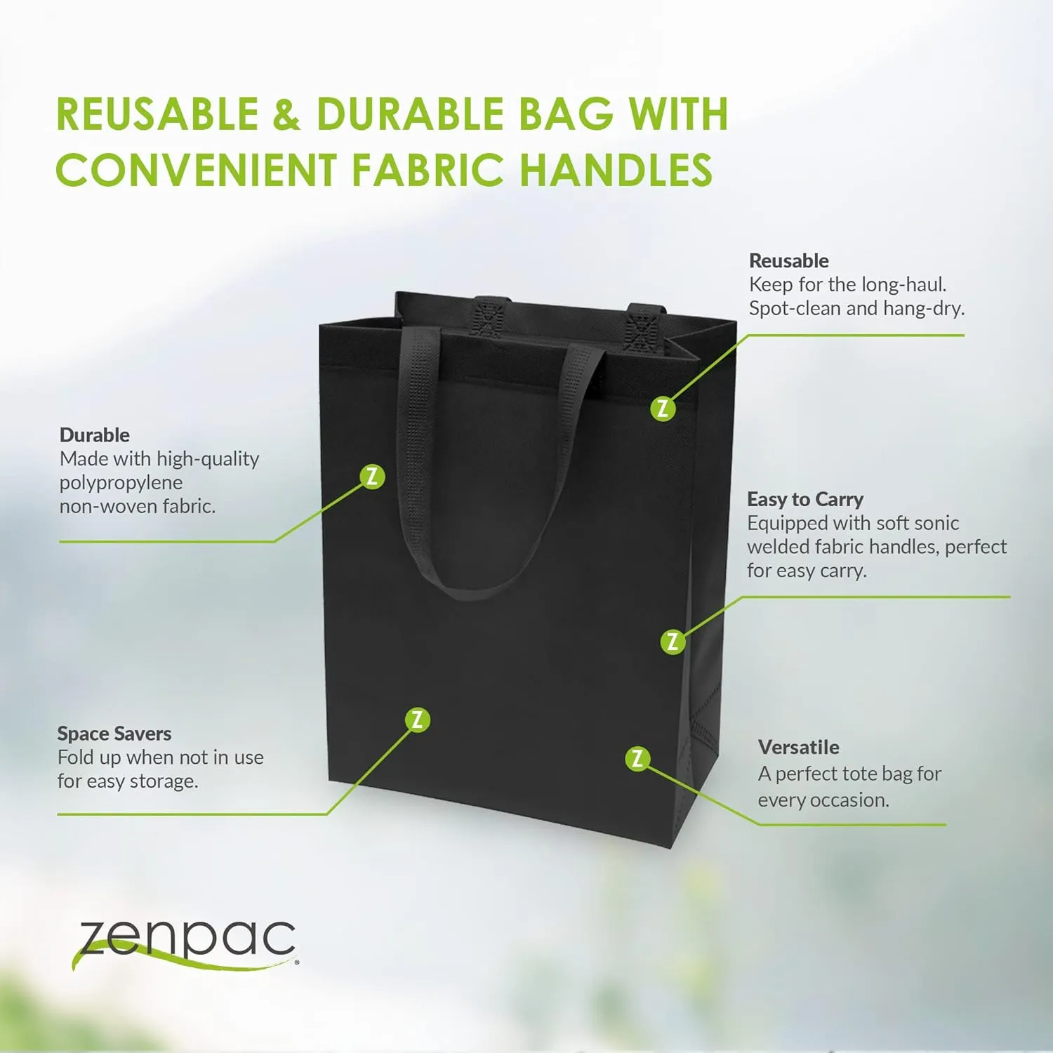 ZENPAC Black Canvas Reusable Bags, Medium Fabric Totes for Small Business, Retail, Gifts, Holidays, Christmas and Party Favors, Bulk, 10x5x13 12 Pack