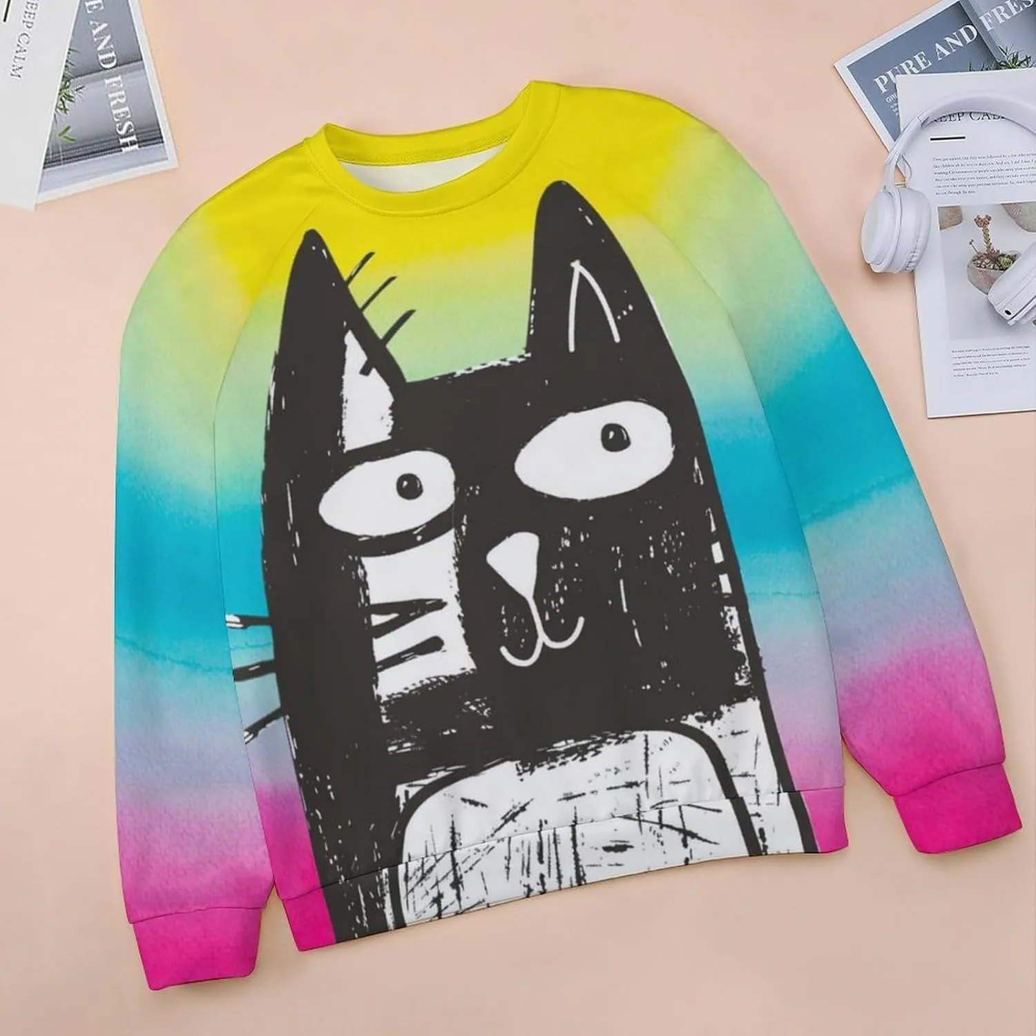 ZOCAVIA Women's Y2K Art Cat Sweatshirts Fall Abstract Graphic Pullover Tops Long Sleeve Oil Painting Cat Printed T Shirts