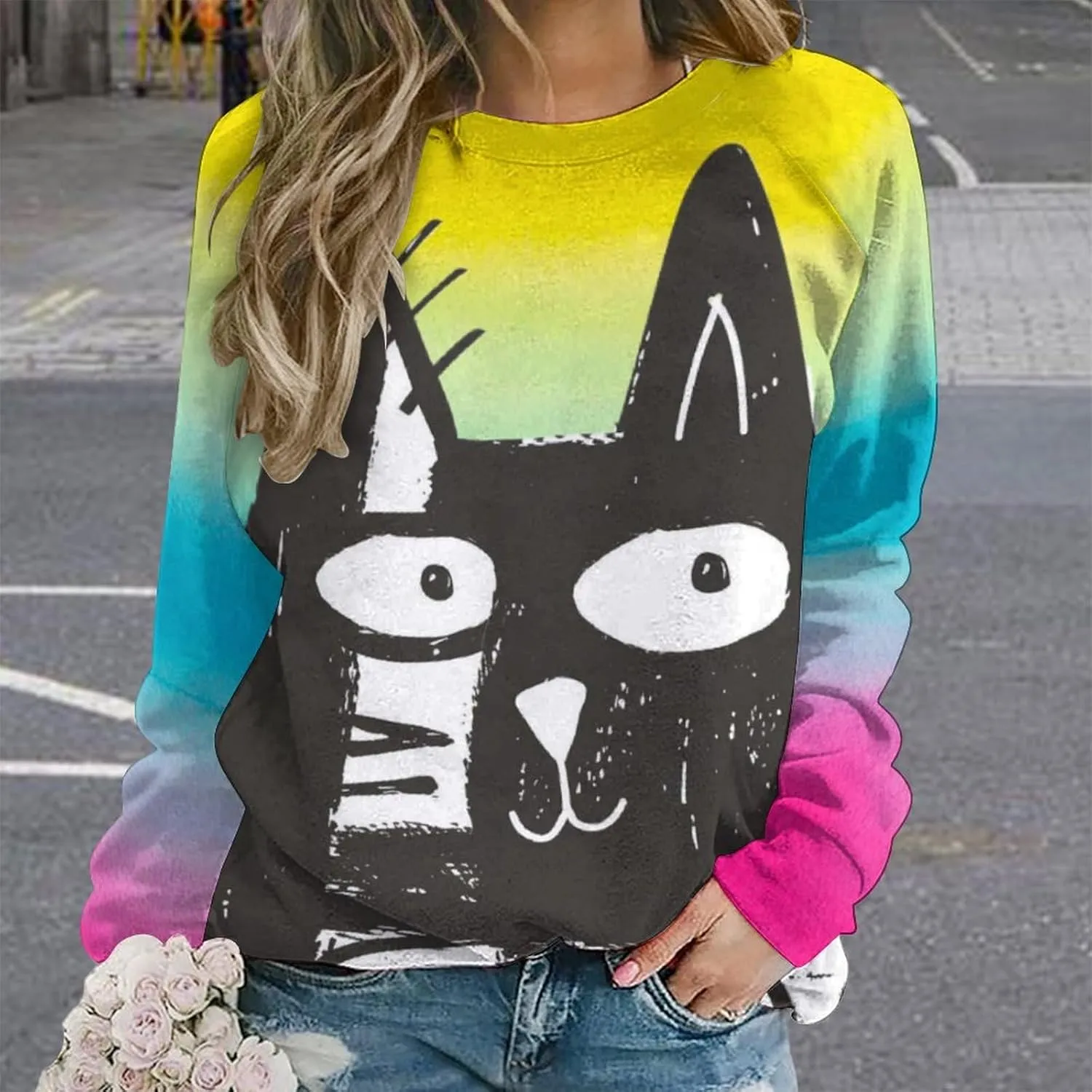 ZOCAVIA Women's Y2K Art Cat Sweatshirts Fall Abstract Graphic Pullover Tops Long Sleeve Oil Painting Cat Printed T Shirts