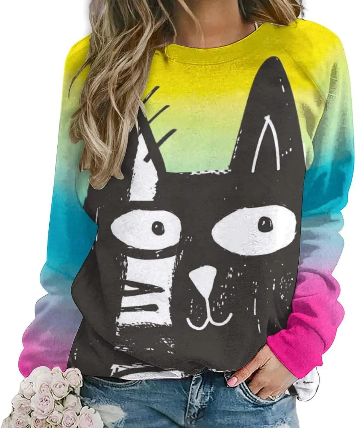 ZOCAVIA Women's Y2K Art Cat Sweatshirts Fall Abstract Graphic Pullover Tops Long Sleeve Oil Painting Cat Printed T Shirts