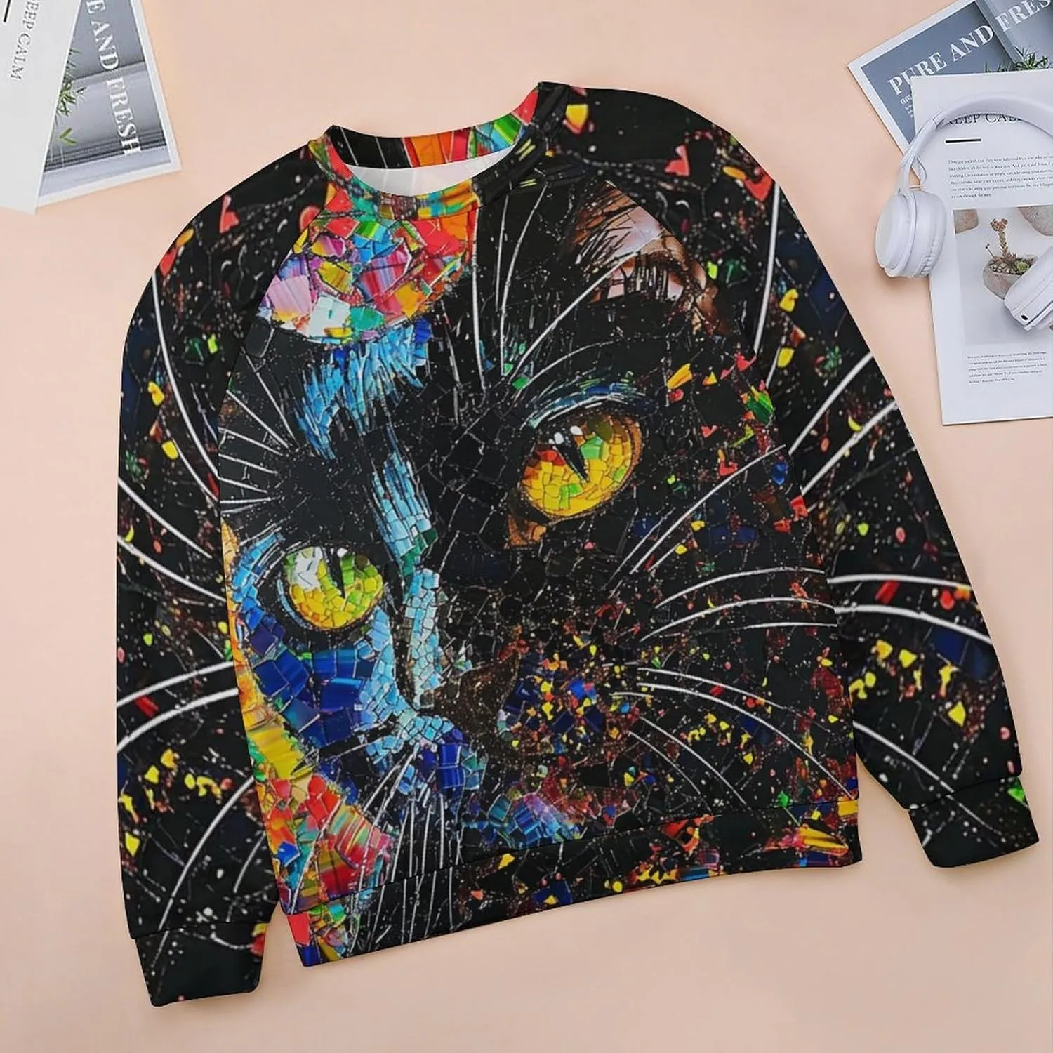ZOCAVIA Women's Y2K Art Cat Sweatshirts Fall Abstract Graphic Pullover Tops Long Sleeve Oil Painting Cat Printed T Shirts