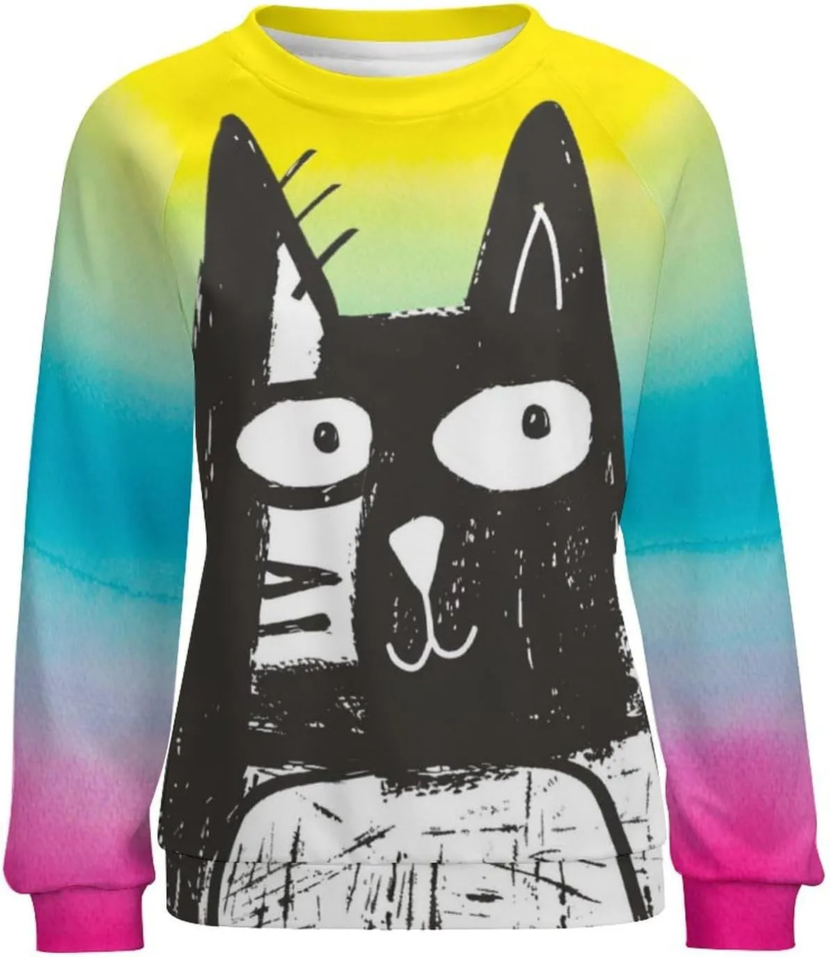 ZOCAVIA Women's Y2K Art Cat Sweatshirts Fall Abstract Graphic Pullover Tops Long Sleeve Oil Painting Cat Printed T Shirts