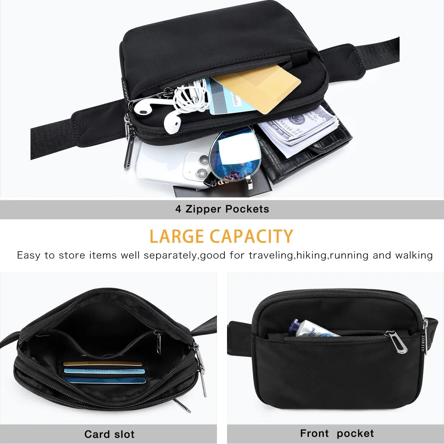 ZORFIN Fanny Packs for Women Men: Crossbody Belt Bag with Adjustable Strap - Fashion Waist Packs for Workout Running Traveling Hiking Black