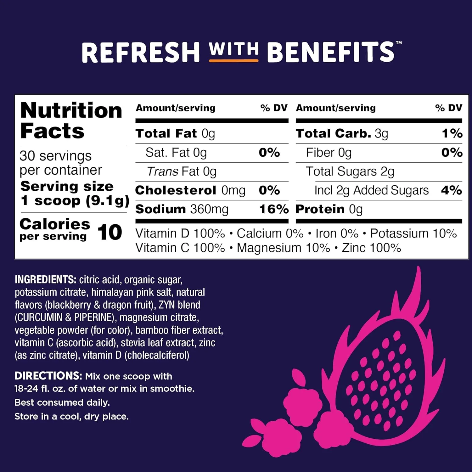 ZYN Electrolyte Hydration Drink Mix (30 Servings), BlackBerry Dragonfruit Electrolytes Powder, Hydrating Formula w/Turmeric Curcumin, Vitamin C & D, Zinc, Electrolyte Support Drink Mix