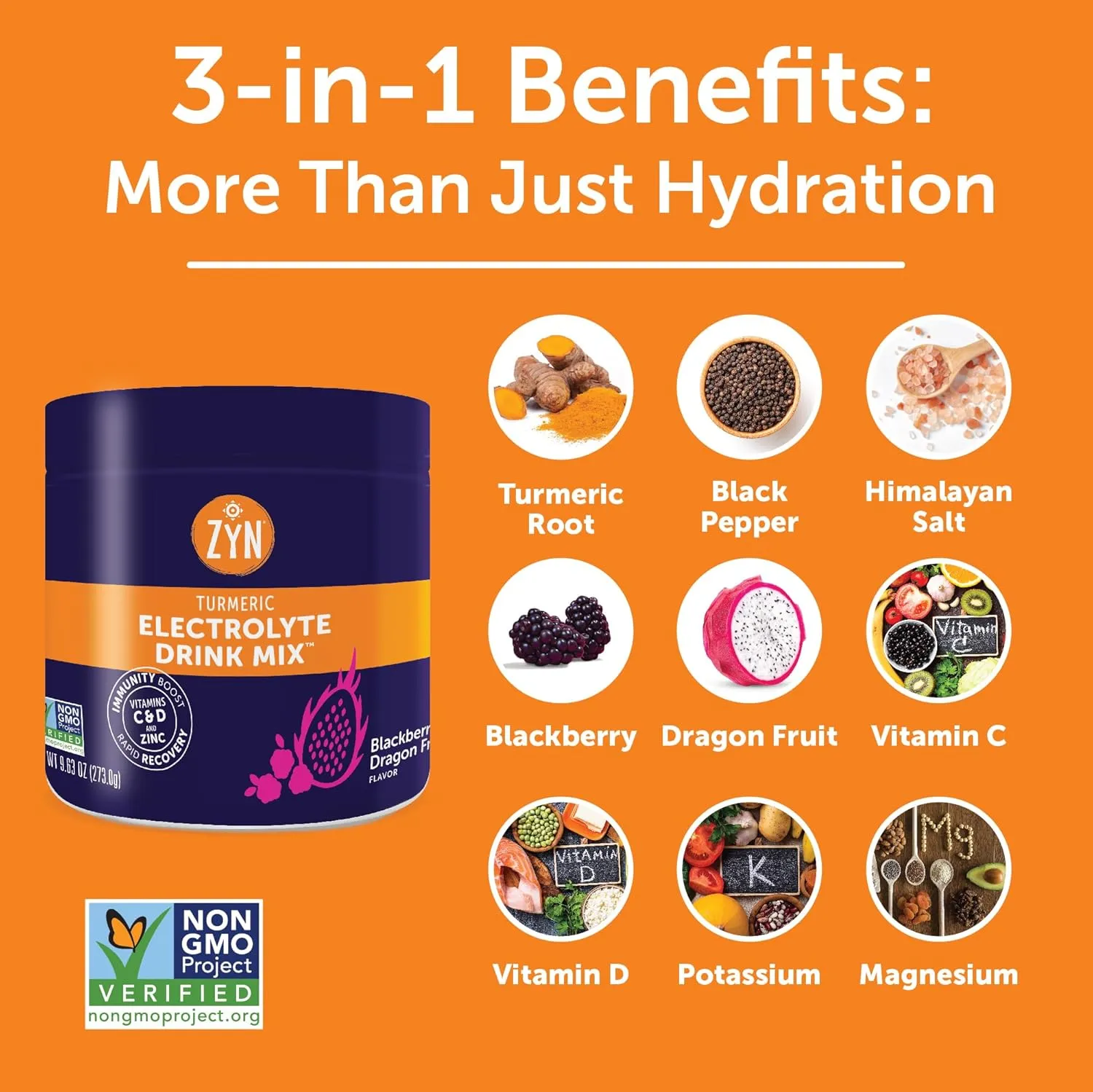 ZYN Electrolyte Hydration Drink Mix (30 Servings), BlackBerry Dragonfruit Electrolytes Powder, Hydrating Formula w/Turmeric Curcumin, Vitamin C & D, Zinc, Electrolyte Support Drink Mix